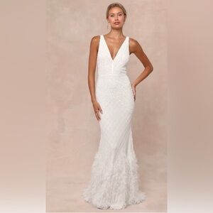 Lulus Glamorous Vow White Beaded Feather Lurex Mermaid Maxi Dress Size Large